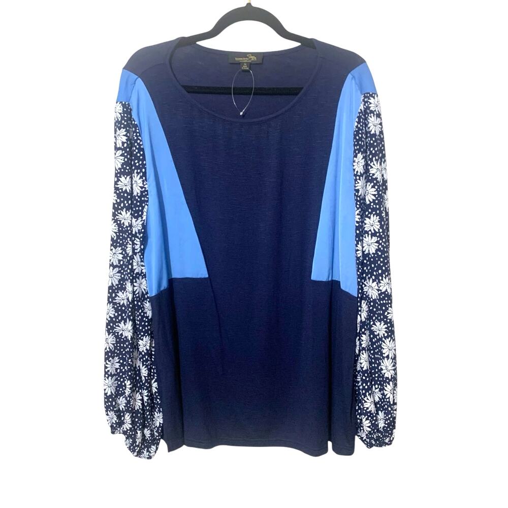 Suzanne Betro 1X Colorblock Mix Media Floral Sleeve Boho Tunic Top Blouse‎ NEW